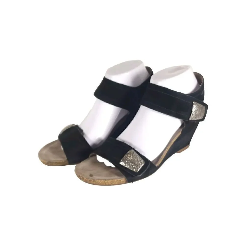 Mephisto Women's Jackie 40 US9-9,5 Black Leather Cork Embellished Wedge Sandals